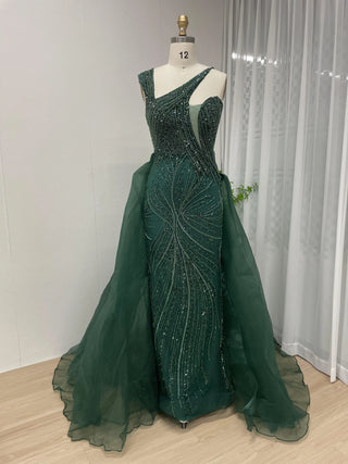 Ships in 1 to 3 Days - Luxury Emerald Green Evening Dress with Overskirt - Elegant One-Shoulder Women's Wedding Party Prom Formal Gown