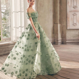 Luxury Sage Green 3D Flowers Evening Dress with Cape - Elegant Sweetheart Arabic Wedding Party Gown