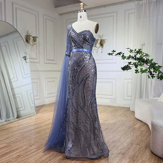 2024 Blue Mermaid One Shoulder Elegant Cap Sleeve Beaded Evening Dress Gown for Women Wedding Party