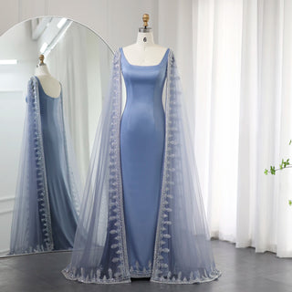 Luxury Crystal Blue Mermaid Dubai Evening Dresses with Cape Sleeves: Elegance for Arabic Women's Wedding Party Gowns