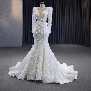 Elegant V-Neck Appliqued Flower Mermaid Wedding Long Dress