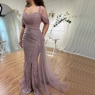 Ships in 1 to 3 Days - Arabic Caramel Mermaid High Split Elegant Beaded Luxury Evening Dress Gown for Women Party 2024