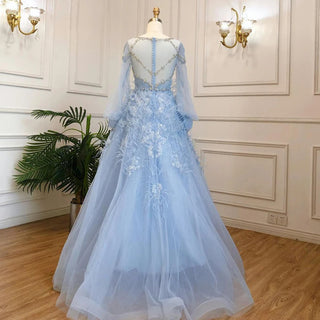 Dubai Crystal Feathers: Luxury Blue Evening Gown with Crystal Accents, Arabic-inspired Design, and Long Sleeves for Weddings, Parties, and Prom.