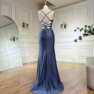 Saudi Arabic Blue Spaghetti Strap Mermaid Long Evening Gown with Split for Occasion