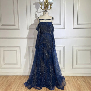 Arabic Navy Blue A-Line Spaghetti Strap Beaded Long Evening Dress - Elegant Party Gown for Women 2024