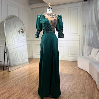 2024 Green Satin Three Quarter Mermaid Evening Dress: Elegant Lace Beaded Gown for Women's Wedding Party