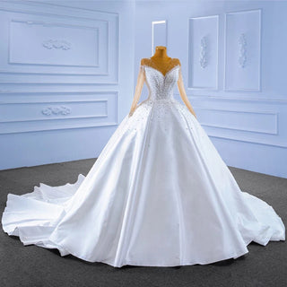 Soft Satin Heavy Beaded Sequin White Long Sleeve Bridal Ball Gown Wedding Dress