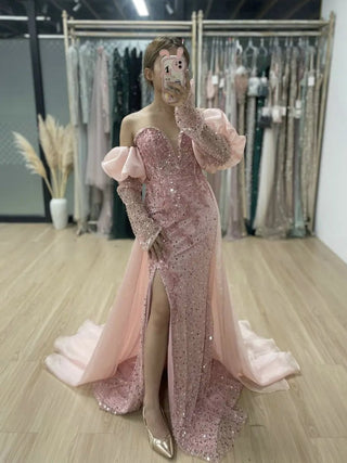 Ships in 1 to 3 Days - Pink Stunning Strapless Puff Sleeve Sequined Evening Dress - Luxury Mermaid High Slit Ball Gown for Women’s Wedding Parties in Dubai