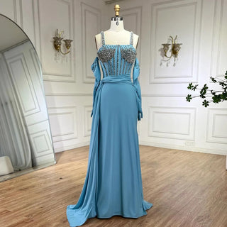 Dubai Luxury Evening Gown: 2024 Blue High Slit Mermaid Spaghetti Strap Gloves Perfect for Wedding Parties