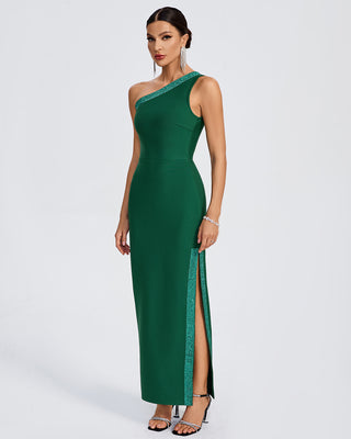 Ships in 1 to 3 Days -Elegant Emerald One-Shoulder Maxi Dress with Glitter Trim