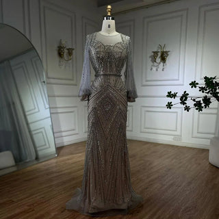 Arabic Silver Nude Elegant Mermaid Beaded Luxury Dubai Evening Dresses Gowns For Women Wedding Party 2024