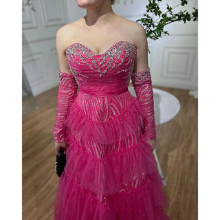 Ships in 1 to 3 Days - Fuchsia A-Line Elegant Sweetheart Off-Shoulder Tiered Beaded Evening Dress: 2024 Prom Gown for Women's Party