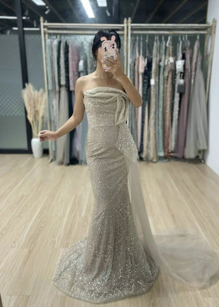 Sexy Champagne Strapless Pleated Evening Dress - Sparkling Sequined Mermaid Gown with Side Train for Wedding Guests