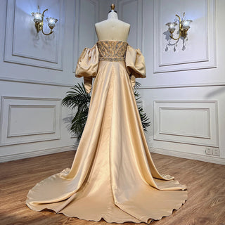 Champagne Luxury Mermaid Evening Dress - Long Gown with Half Puff Sleeves, Elegant for Women's Party