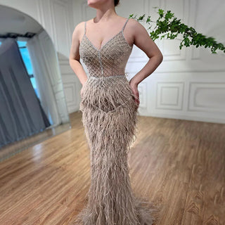 Arabic Pink Mermaid Split Feathers Beaded Formal Sexy Prom Dress - Women's Wedding Party 2024