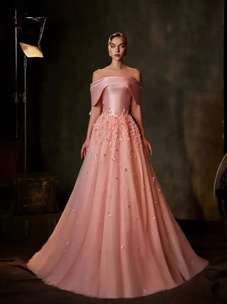 Peach Off-the-Shoulder Satin A-Line Evening Gown with Appliques – 2025 Custom Arabia Design