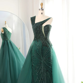 Luxury Emerald Green Evening Dress with Overskirt - Elegant One-Shoulder Women's Wedding Party Prom Formal Gown