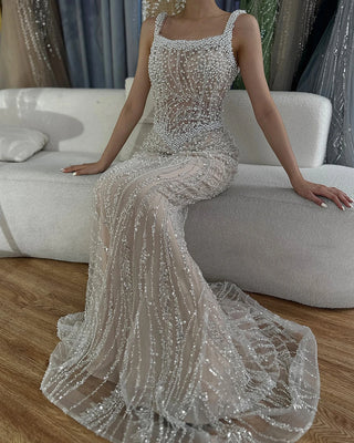 White Nude Spaghetti Strap Mermaid Evening Dress - Luxury Pearls Beaded Gown for Women's Wedding Party (2025)