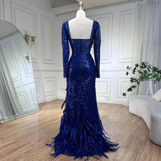 Ships in 1 to 3 Days: 2024 Royal Blue Mermaid Sparkle Beaded Luxury Long Evening Dress - Gown with Beaded Feathers for Women's Party