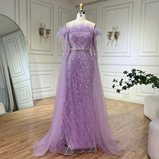 Elegant Cape Sleeves Mermaid Evening Dresses Gowns Luxury Feathers Beaded 2024 For Women Wedding Party