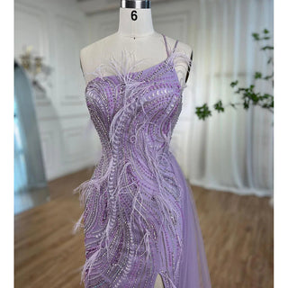 Lilac Mermaid Elegant One Shoulder Evening Dress with Feathers and Beaded Detail - Women's Wedding Party Gown 2024