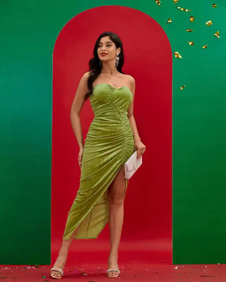 Ships in 1 to 3 Days - Elegant Off-The-Shoulder Green Prom Dress with High Split - Sleeveless Evening Dress for Special Occasions