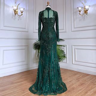 Ships in 1 to 3 Days - Muslim Green Mermaid Lace Beaded Crystal Luxury Dubai Evening Dresses Gowns For Women Wedding Party 2024