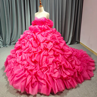 Shiny Fuchsia Off-Shoulder Puffy Evening Party Gown