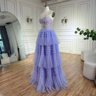 2024 Arabic Lilac Spaghetti Strap Tiered A-Line Lace Appliques Luxury Evening Gown for Women's Party