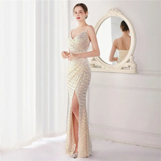 Sexy V-Neck Sequin Strap Party Maxi Dress with Slit - Long Prom Evening Dress for Women