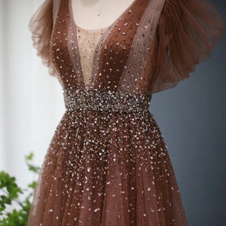 Sparkling Beaded Brown Luxury Dubai Evening Dress for Women's Wedding: Elegant V-Neck Long Formal Party Gown