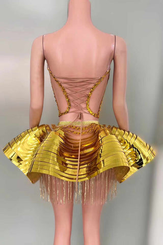 Futuristic Gold Metallic Mini Dress with Sculptural Open-Back Design