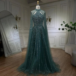 Ships in 1 to 3 Days - 2024 Arabic Turquoise A-Line Cap Sleeve Beaded Luxury Dubai Evening Dress: Gowns for Women's Wedding Party