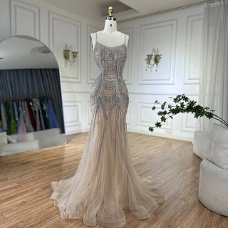 Ships in 1 to 3 Days - 2024 Silver Nude Spaghetti Strap Mermaid Evening Dress - Luxury Beaded Tassel Gown for Formal Occasions