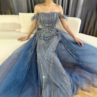 Ships in 1 to 3 Days -2024 Blue Mermaid Gown with Luxury Feathers, Beading, and Overlay Skirt - Saudi Evening Dress for Formal Occasions