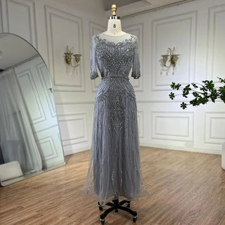 Arabic Gray Elegant Tea Length Mermaid Beaded Luxury Evening Dresses Gowns for Women's Wedding Party 2024