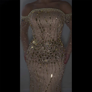 Ships in 1 to 3 Days - 2024 Arabia Gold Mermaid Luxury Beaded Off-Shoulder Dubai Evening Dress - Gown for Women's Wedding Party