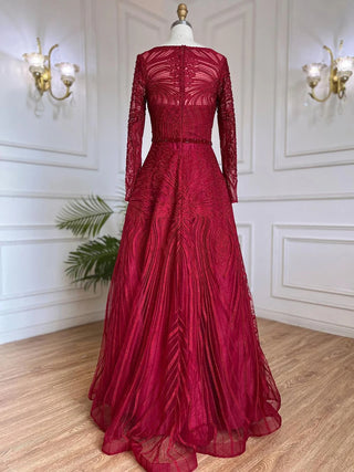 Muslim Wine Red Luxury Evening Dress - Women's Wedding Party Gown 2024 A-Line Beaded