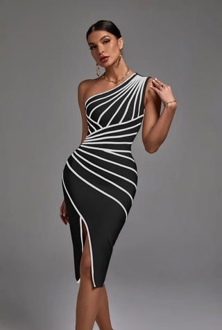 One-Shoulder Striped Bodycon Midi Dress with Slit for Women 2024