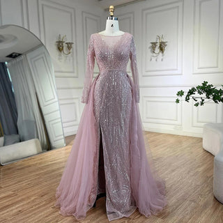 Arabic Pink Mermaid Beaded Evening Dress with Overskirt Luxury Gowns 2024 for Women's Wedding Party