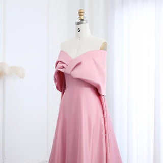 Luxury Dubai Pink Satin Evening Dress with Train 2024 Elegant Off-Shoulder Arabic Gown for Women's Wedding Party