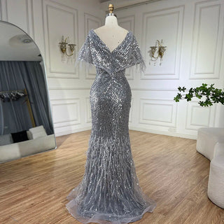 2024 Arabic Elegant Gray Mermaid Luxury Dubai Evening Gown with Feathers Beaded Dress for Women's Party