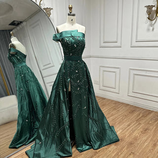 Ships in 2 to 5 Days - Green Arabic One-Shoulder Satin Evening Gown with Beaded Overskirt and High Split for Formal Occasion