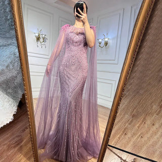 Pink Mermaid Evening Dress - Elegant Cape Sleeves with Luxury Feathers and Beading for Women's Party 2024