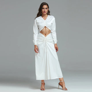 Ships in 1 to 3 Days - V-Neck White Maxi Dress with Long Sleeves - Ruched Tie Front Silk Dress for Women | Elegant Cut-Out Party & Casual Dress