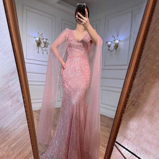 Peach Pink Mermaid Elegant Cape Sleeves Beaded Evening Dress - Prom Formal Arabic Gown 2024 for Women's Party