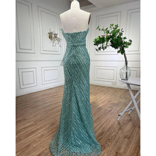 Turquoise Mermaid Evening Dress with High Split - Arabic Beaded Design for Women's Wedding Party