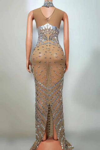 Geometric Rhinestone High-Neck Evening Gown