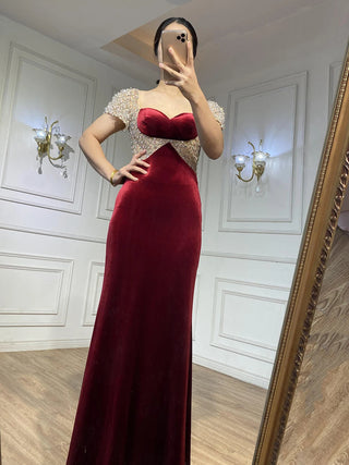 Wine Red Beaded Arabic Evening Dress: 2024 Mermaid Luxury Elegant Gown for Women's Party