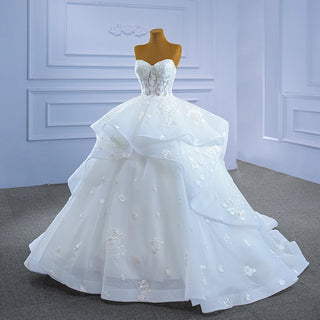 Fairy Sweetheart Ivory Appliqued Flower Ball Gown Wedding Dress